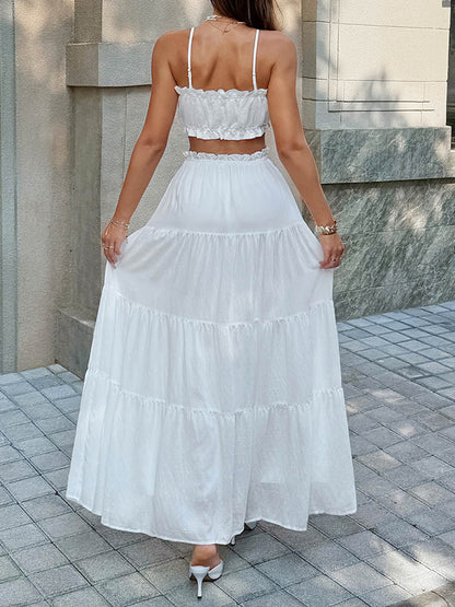 Solid Color Pleated Cropped Ruffled Spaghetti-Neck + A-Line Skirts Bottoms Top Two Pieces Set