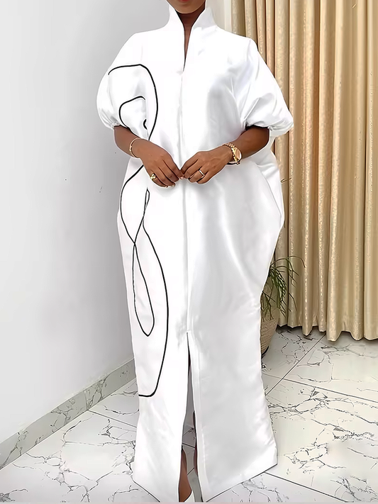 Half Sleeves Loose Elasticity Printed Split-Front Stand Collar Maxi Dresses