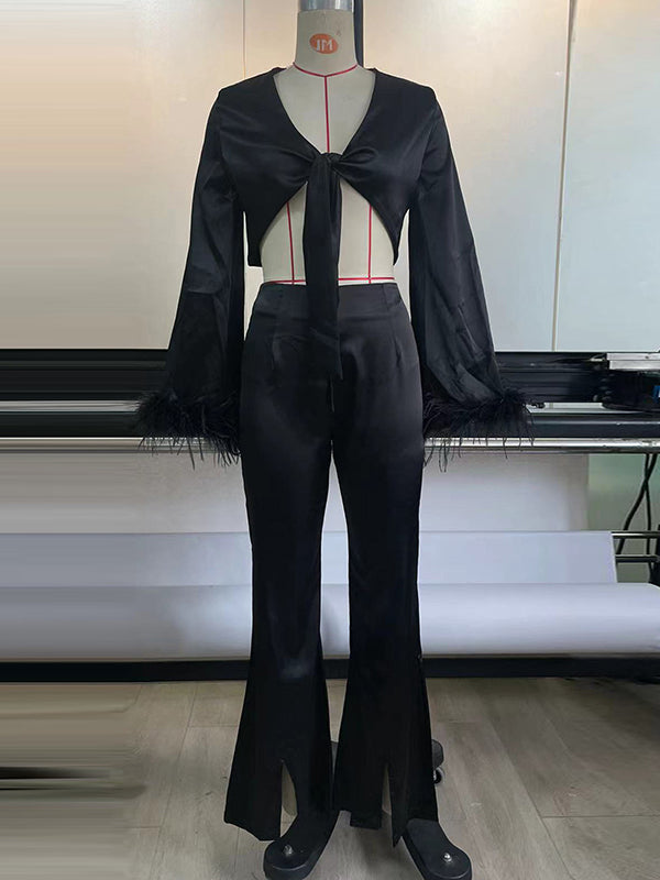 Long Sleeves Fringed Knot Solid Color Deep V-Neck Shirts Top + High Waisted Split-Front Pants Bottom Two Pieces Set