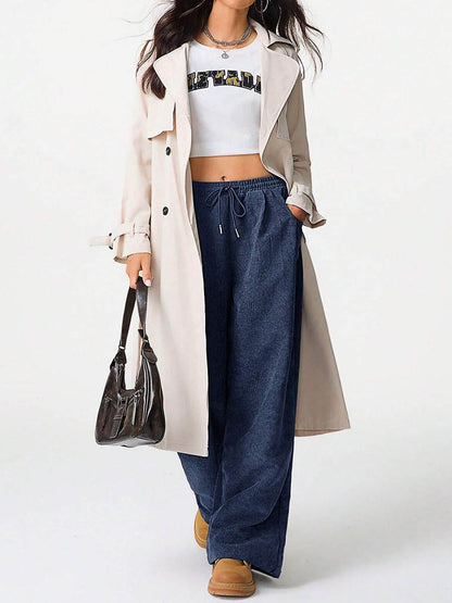 High Waisted Wide Leg Drawstring Elasticity Pockets Solid Color Pants Trousers
