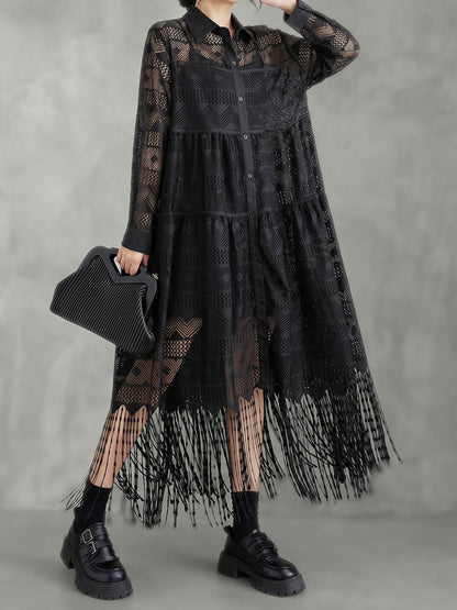 A-Line Long Sleeves Buttoned Printed See-Through Split-Joint Tasseled Lapel Midi Dresses