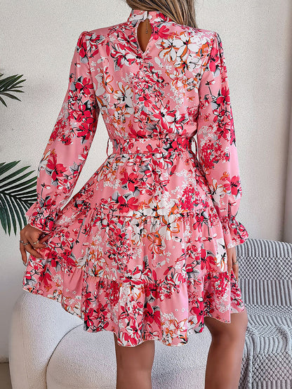 A-Line High Waisted Elasticity Flower Print Pleated Tied Waist Stand Collar Mini Dresses