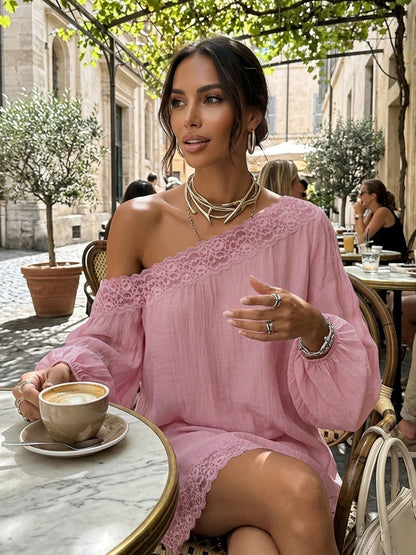 Long Sleeves Loose Solid Color Split-Joint One-shoulder Mini Dresses