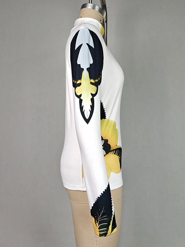 Long Sleeves Skinny Flower Print High Neck T-Shirts Tops