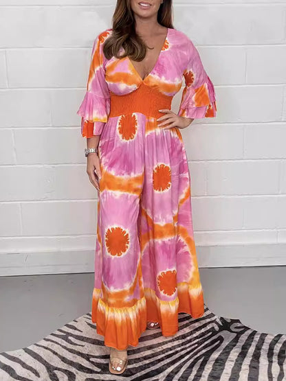Flared Sleeves Loose Printed Split-Joint Triple Layered V-Neck Jumpsuits
