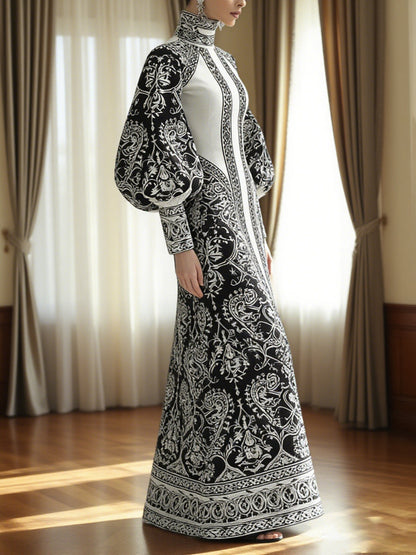 A-Line Long Sleeves Contrast Color Flower Print High Neck Maxi Dresses