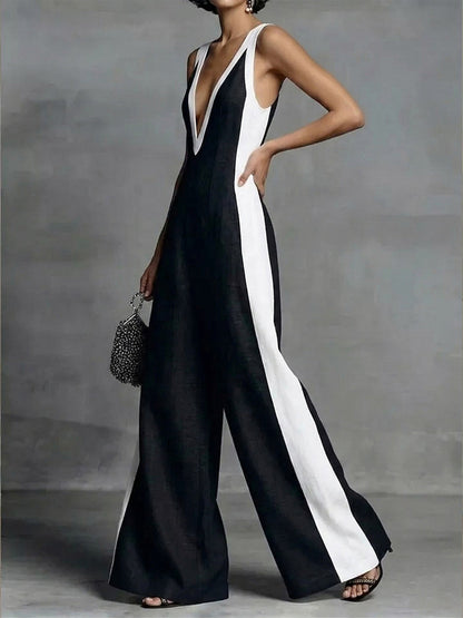 High Waisted Loose Contrast Color Pockets Deep V-Neck Jumpsuits
