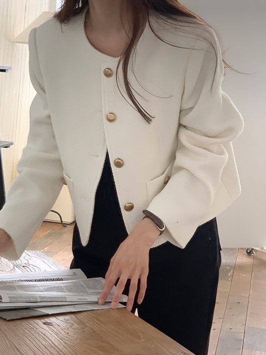 Long Sleeves Loose Buttoned Pockets Round-Neck Outerwear