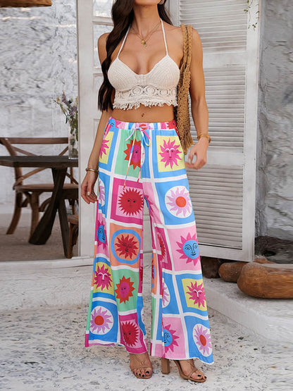 High Waisted Loose Contrast Color Drawstring Pockets Pants Trousers