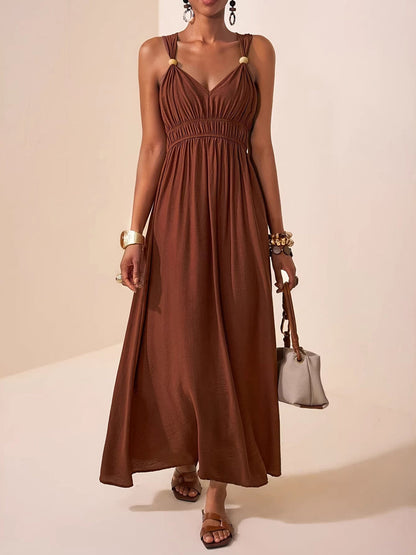 A-Line Loose Pleated Solid Color Spaghetti-Neck Maxi Dresses