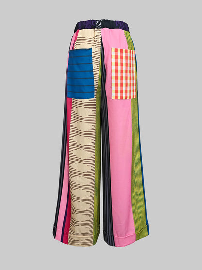 Loose Wide Leg Contrast Color Drawstring Printed Striped Casual Pants Bottoms Trousers