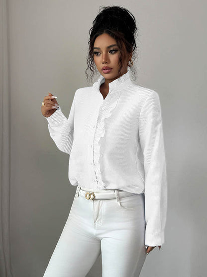 Long Sleeves Skinny Buttoned Ruffled Split-Joint Striped Stand Collar Blouses&Shirts Tops