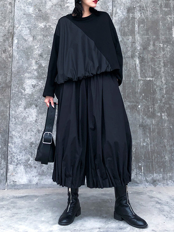 Solid Color Loose Long Sleeves Asymmetric Pleated Split-Joint Round-Neck Shirts Top +  Pants Bottom Two Pieces Set