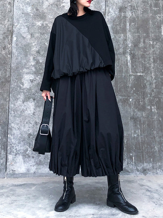 Solid Color Loose Long Sleeves Asymmetric Pleated Split-Joint Round-Neck Shirts Top +  Pants Bottom Two Pieces Set