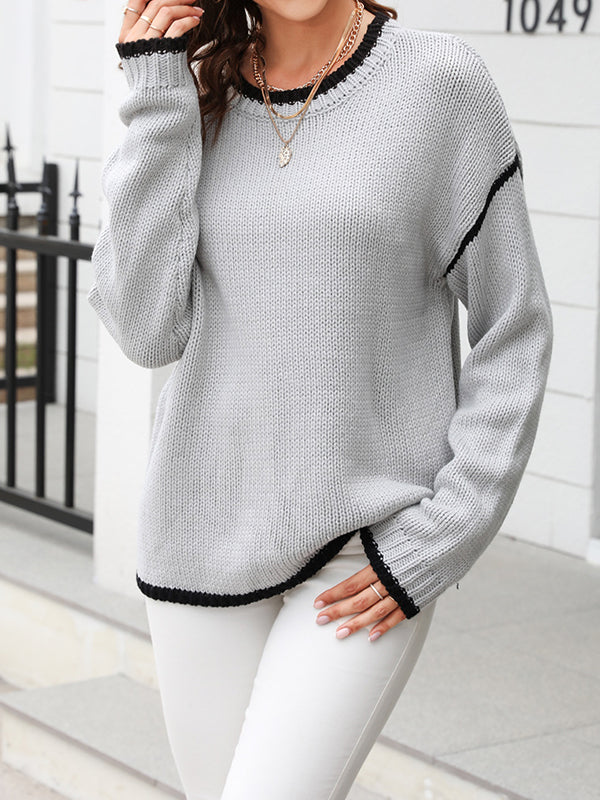 Long Sleeves Loose Contrast Color Split-Joint Round-Neck Pullovers Sweater Tops