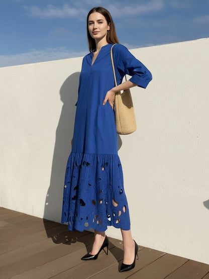 A-Line Long Sleeves Hollow Pleated Solid Color Split-Joint V-Neck Maxi Dresses
