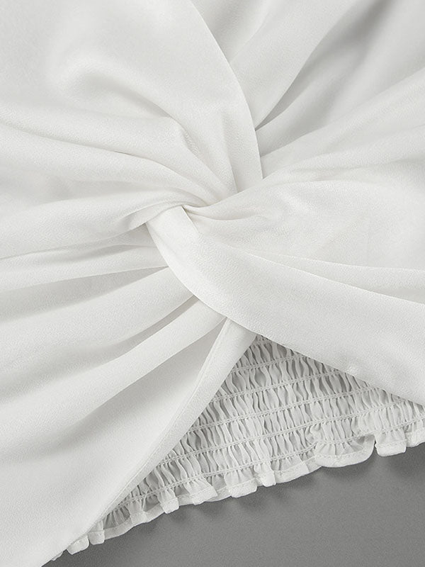 Loose Puff Sleeves Elasticity Pleated Solid Color Split-Joint V-Neck Blouses&Shirts Tops