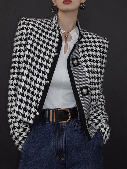 Long Sleeves Loose Buttoned Contrast Color Houndstooth Printed Stand Collar Jackets Outerwear