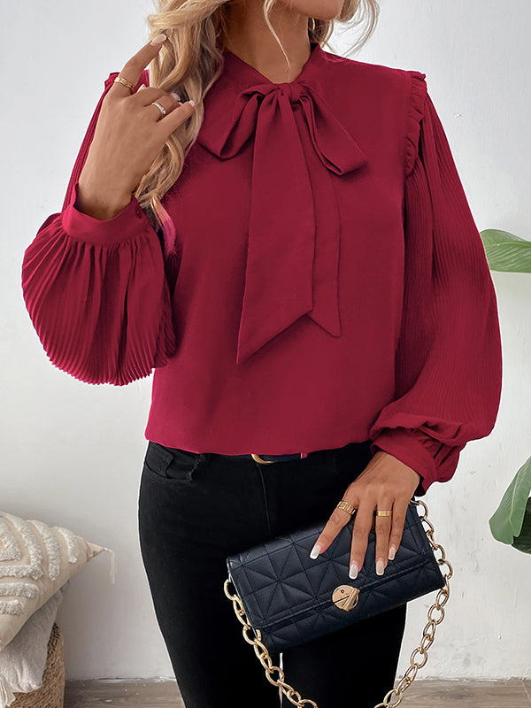 Long Sleeves Loose Pleated Ruffle Trim Solid Color Split-Joint Tied V-Neck Blouses&Shirts Tops