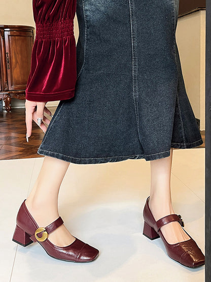 Belt Buckle Shallow Cut Split-Joint Square-Toe Pumps