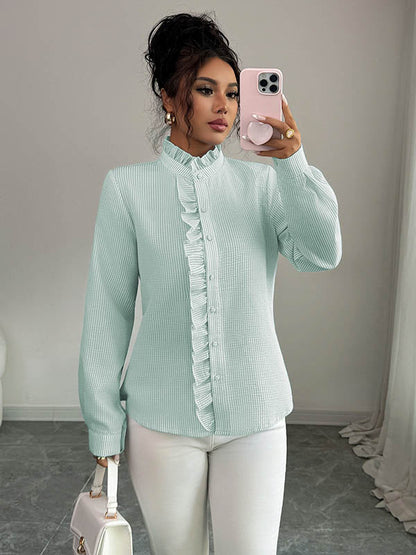Long Sleeves Skinny Buttoned Ruffled Split-Joint Striped Stand Collar Blouses&Shirts Tops