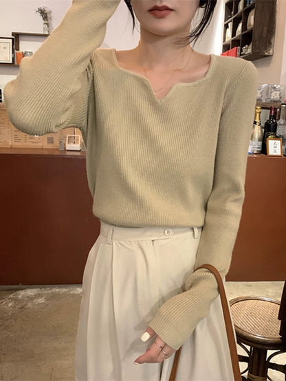 Long Sleeves Skinny Colorful Solid Color V-Neck Knitwear Pullovers Sweater Tops