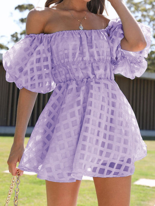 High Waisted Loose Elasticity Solid Color Split-Joint Off-The-Shoulder Mini Dresses