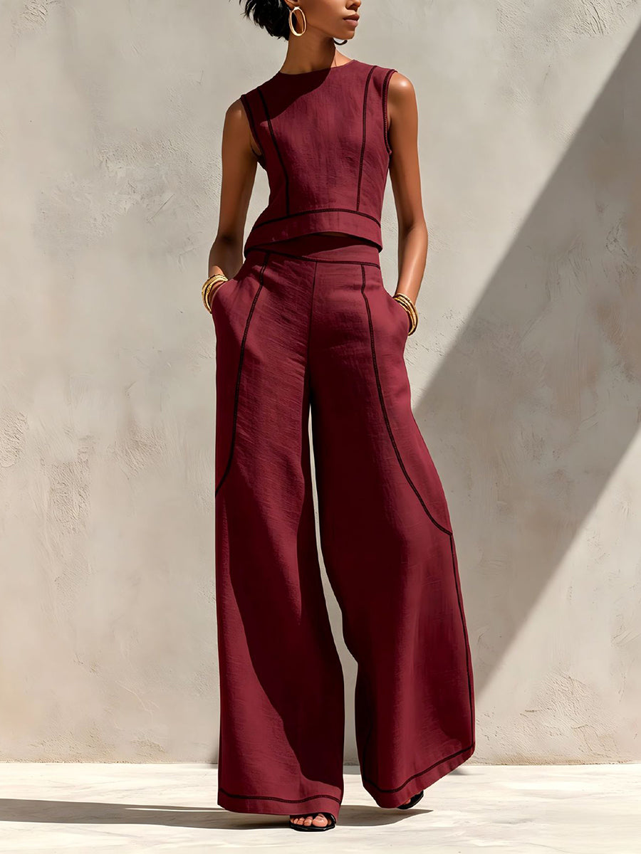 Plus Size Contrast Color Line Round-neck Tank Top + High Waisted Pockets Pants Trousers Two Pieces Set