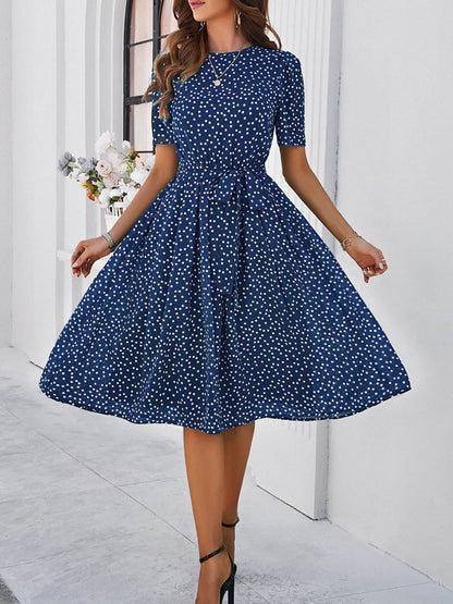 A-Line Elasticated Waist Contrast Color Polka Dot Split-Joint Tied Waist Round-Neck Midi Dresses