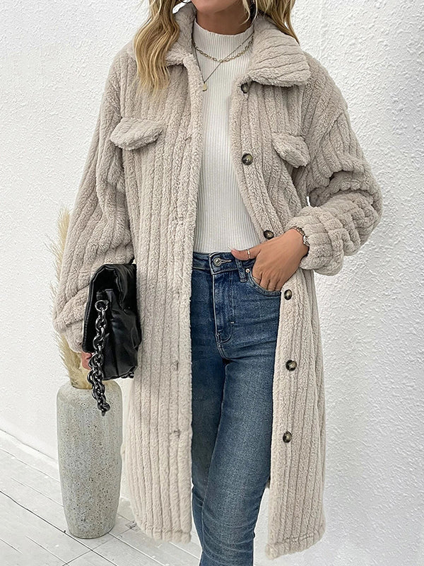 Long Sleeves Loose Solid Color Split-Joint Lapel Outerwear
