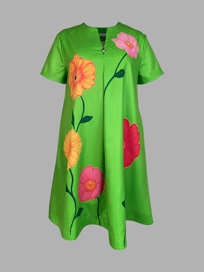 A-Line Loose Flower Print V-Neck Midi Dresses