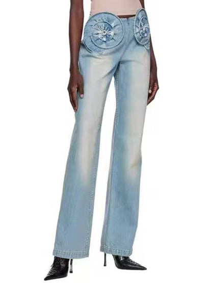 Straight Leg Three-Dimensional Flower Zipper Jean Pants Bottoms