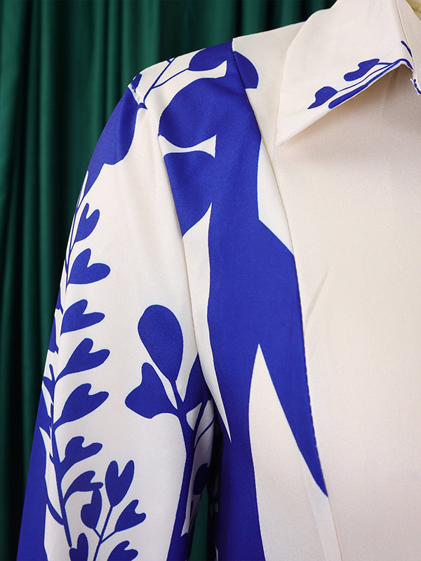 Irregular clipping Long Sleeves Lace-Up Pleated Printed Split-Joint Tied Waist Lapel Maxi Dresses Shirt Dress