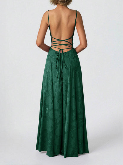 A-Line High Waisted Jacquard Pleated Solid Color Spaghetti-Neck Maxi Dresses