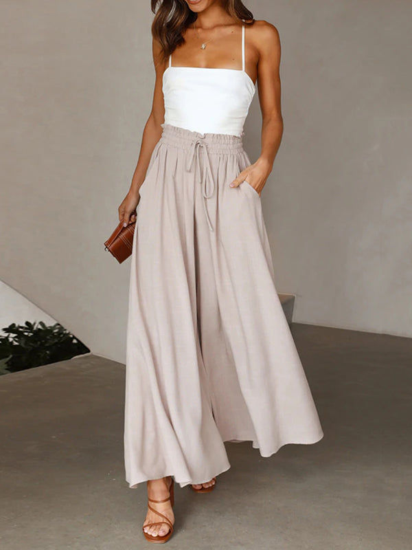 High Waisted Loose Drawstring Elasticity Pleated Pockets Solid Color Pants Trousers
