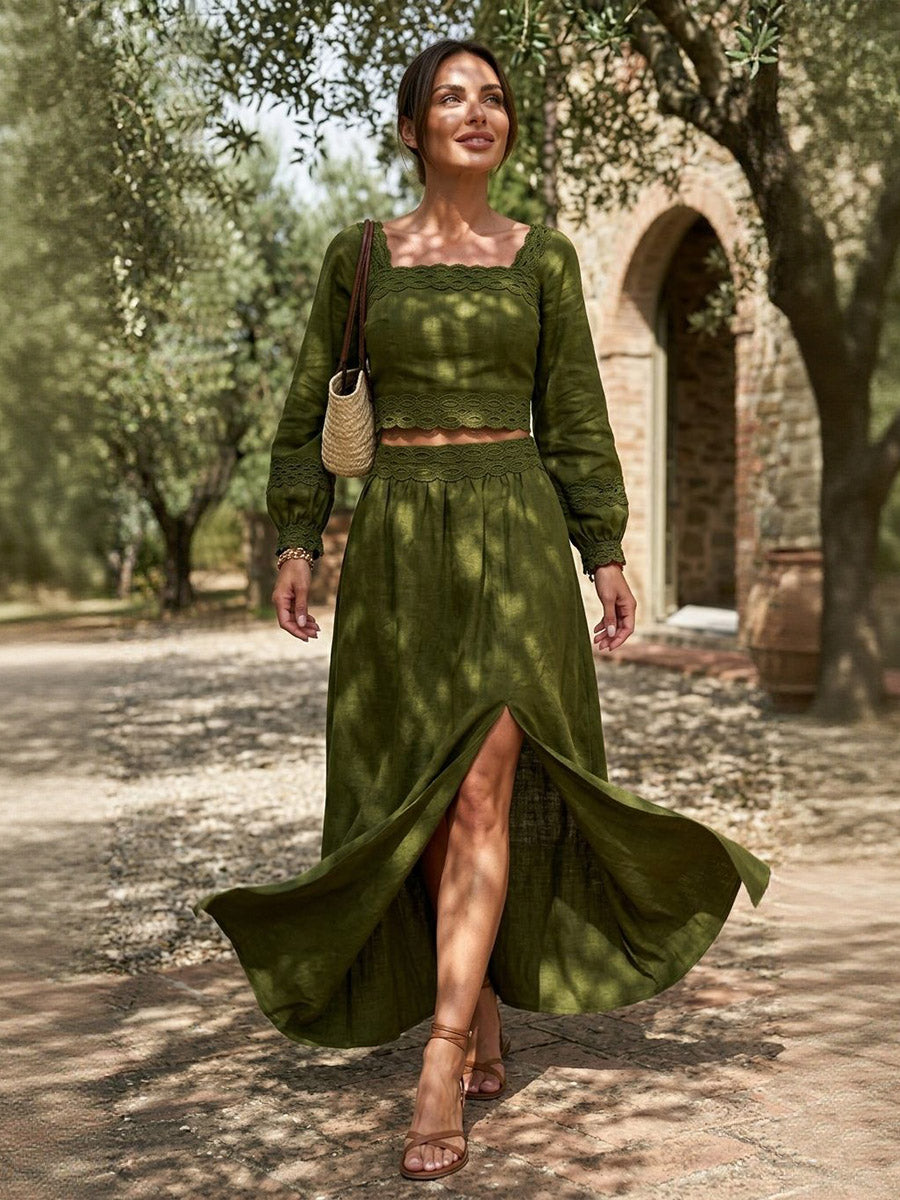 Split-side Solid Color Backless Long Sleeves High Waisted Square-neck Two Pieces Set Skirts Bottoms + Blouses&shirts Tops