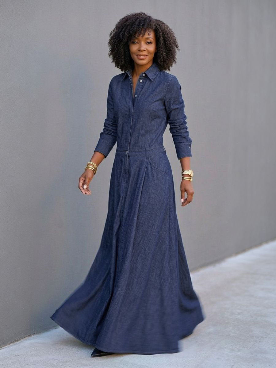 Split-Joint Solid Color Pockets Buttoned Long Sleeves High Waisted Lapel Maxi Dresses