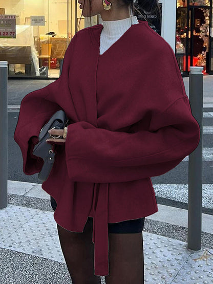 Long Sleeves Loose Solid Color Tied Waist V-Neck Outerwear