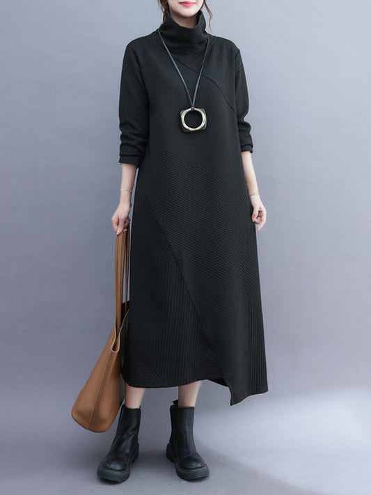 Vintage Irregularity Long Sleeves Solid Color High-Neck Midi Dresses