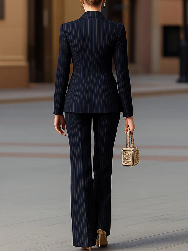 Long Sleeves Buttoned Pockets Striped Notched Collar Blazer Outerwear