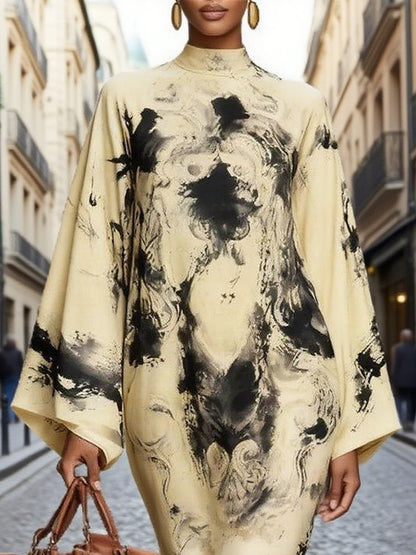 Long Sleeves Loose Contrast Color Printed Mock Neck Midi Dresses
