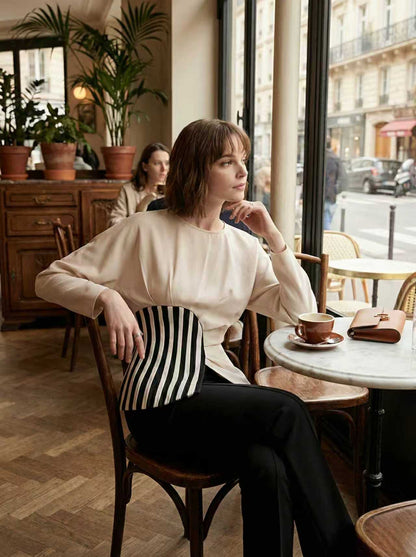 Irregularity Long Sleeves Asymmetric Pleated Split-Joint Striped Zipper Round-Neck Blouses&Shirts Tops