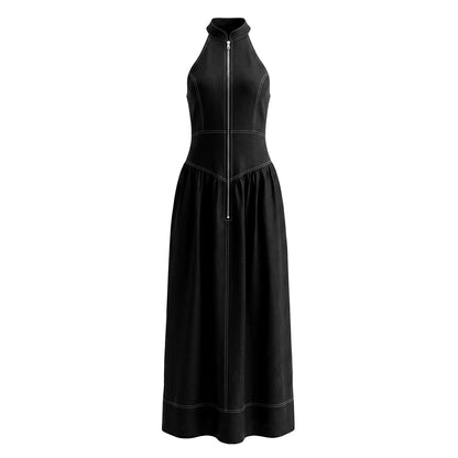 A-Line High Waisted Pleated Pockets Solid Color Zipper Stand Collar Maxi Dresses