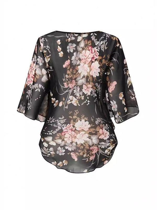 Batwing Sleeves Half Sleeves Flower Print See-Through Round-Neck Blouses&Shirts Tops Cover-Ups Tops