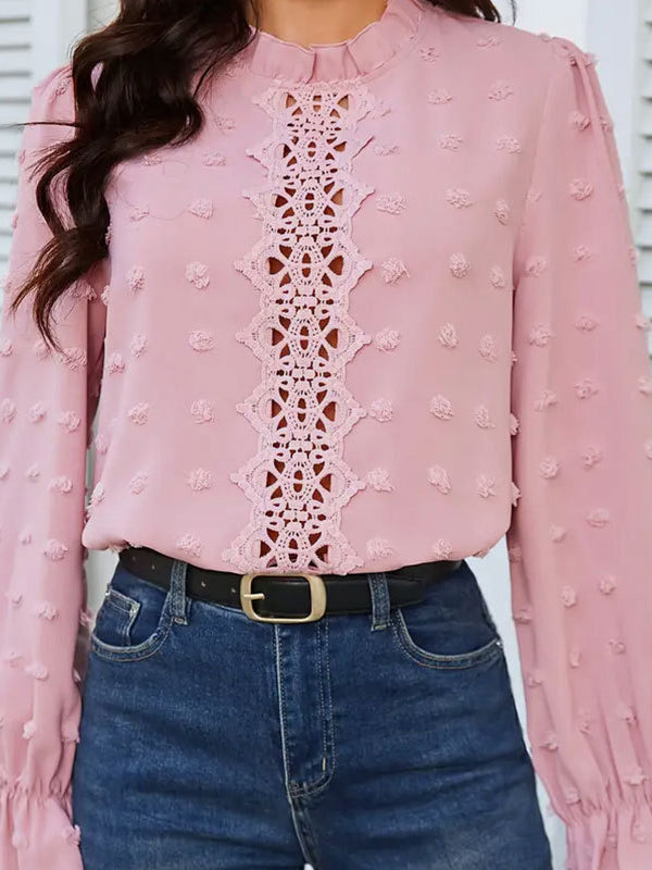 Flared Sleeves Long Sleeves Elasticity Hollow Jacquard Ruffled Solid Color Split-Joint Stand Collar T-Shirts Tops
