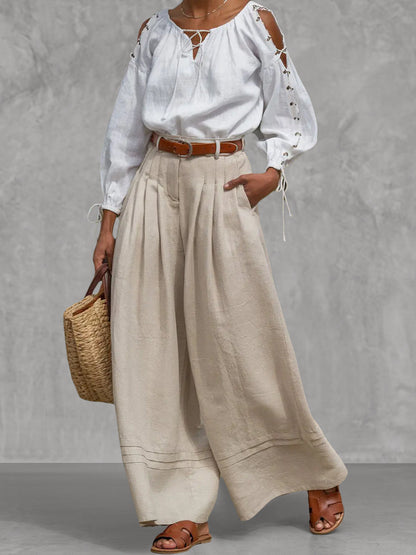 Split-Joint Solid Color Pockets Pleated No Belt Wide Leg High Waisted Trousers Pants