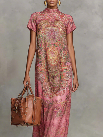 Loose Short Sleeves Contrast Color Flower Print Mock Neck Maxi Dresses