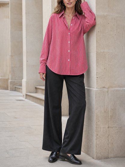 Contrast Color Buttoned Loose Long Sleeves Lapel Blouses&shirts Tops