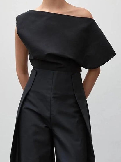 Loose Sleeveless Solid Color Off-The-Shoulder Vest Tops + Pants Bottoms Two Pieces Set
