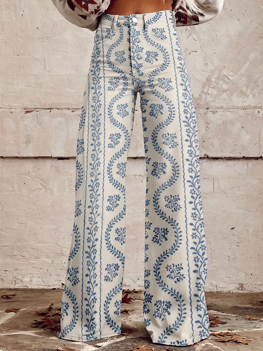 Printed Pockets Buttoned Wide Leg Plus Size Trousers Pants